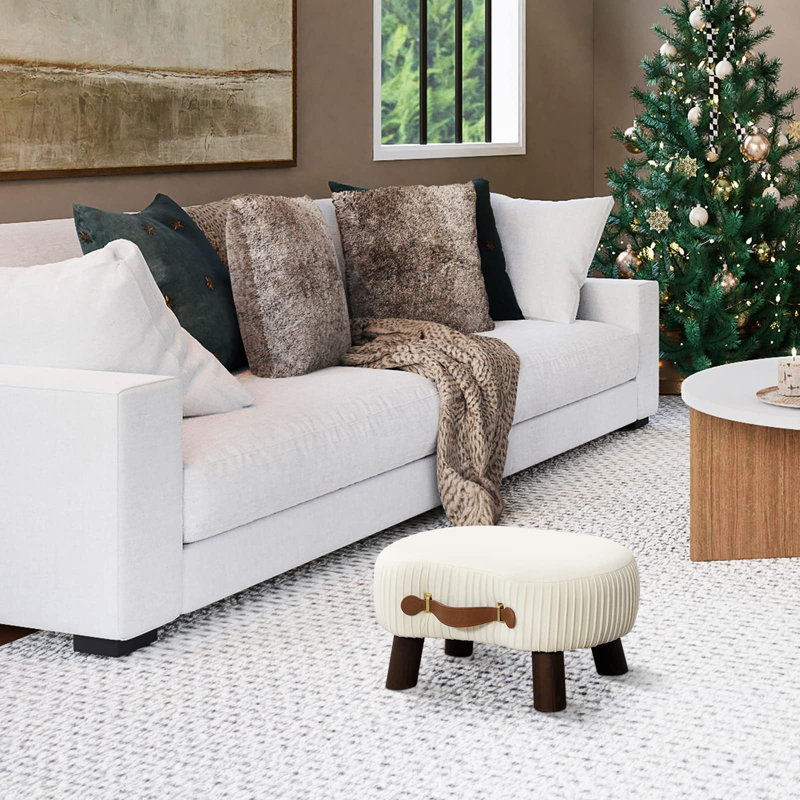 Small Curved Foot Stool with Handle Beige Velvet Footstool and Ottomans Modern Foot Rest with Wooden Legs Step Stool with Padded Seat for Couch
